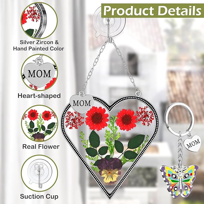 KY&BOSAM Heart Suncatcher Mom Gifts Glass Butterfly Suncatchers for Window Hanging with Pressed Flower Between Heart in Glass and Metal Charm Gifts for Mom Mother's Day Valentine's Birthday Christmas