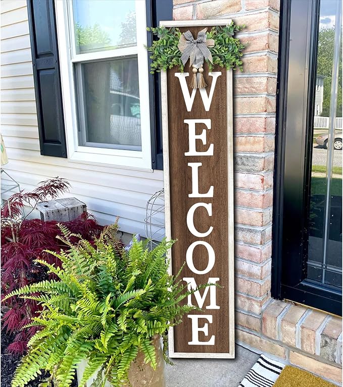 Surfapans Welcome Sign for Front porch Standing 45"X9"Large Wood Frame Outdoor Tall Welcome Signs Vertical Decor for Farmhouse Rustic Home Modern Outside Front Door Wall Decorations (White Wood)