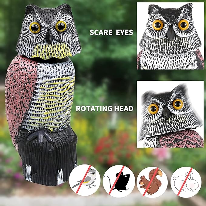 Owl Decoys to Scare Birds Away with Rotating Head,Natural Enemy Bird Deterrent Realistic Eyes & Waterproof Shape Fake Owl Scarecrow Bird Control