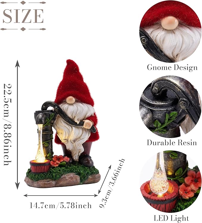 TERESA'S COLLECTIONS Resin Garden Gnomes Decor with Solar Lights, Red Outdoor Decorations for Porch Patio, Gifts for Women and Men，Outdoor Garden Decor Ornaments for Outside, 9"