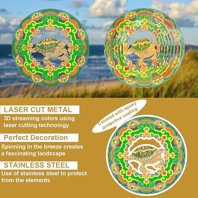 Sea Turtle Wind Spinner Colorful 12 inch 3D Stainless Steel Laser Cut Metal Double Sided Printing-Hanging Indoor/Outdoor Decorations Yard Gardening Decor,Metal Kinetic Art Ornament Gifts