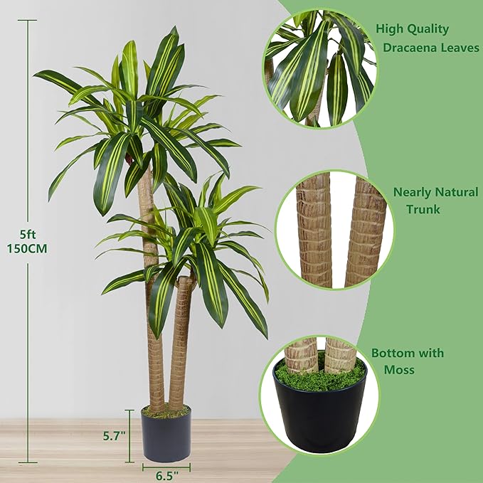 Artificial Dracaena Tree, 5ft Tall Fake Dracaena Plant with Basket, Indoor Outdoor Faux Topiary Yucca Trees for Office Home Living Room Porch Patio Décor