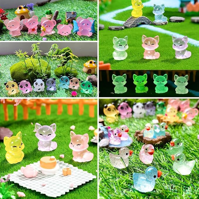 Luminous Mini Resin Animals - 130 Pcs Tiny Animals Mini Ducks Tortoise Rabbit Panda Mushroom Fruits Seashells Set Figurines Glow in The Dark Garden Miniatures Fairy Garden Accessories