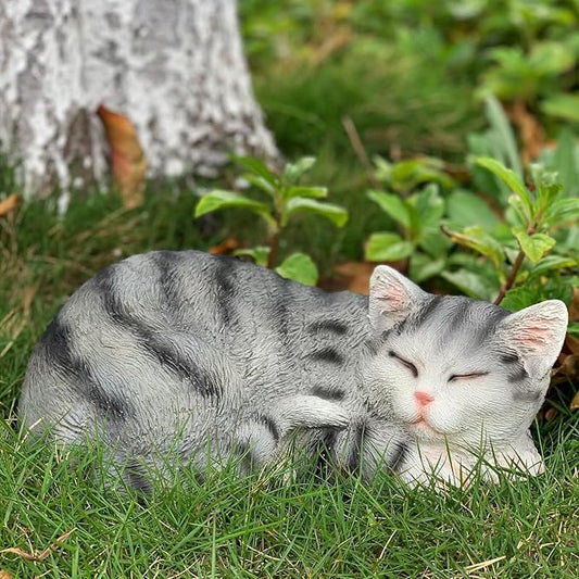 Sleeping Cat Statue Garden Decor, Outdoor Cat Sculpture & Figurine Lawn Ornament, Grey Tabby Statue for Patio, Lawn, Yard Decorative, Cute Kitten Memorial Grave Accessory