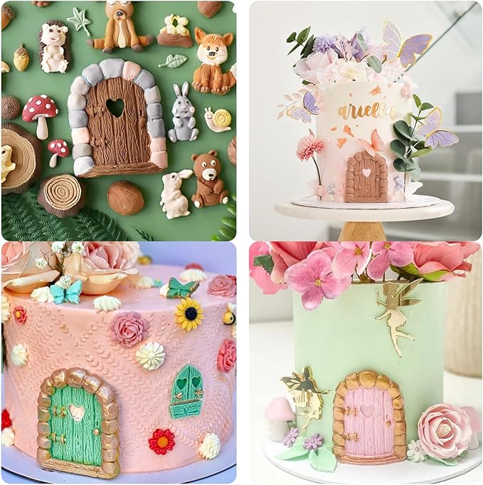 Fairy Garden Door Silicone Molds, Enchanted Vintage Gnome Home Window Door Fondant Molds, Mushroom Flower Leaf Chocolate Baking Molds for Cake Decoration Cupcake Topper Candy Clay Resin
