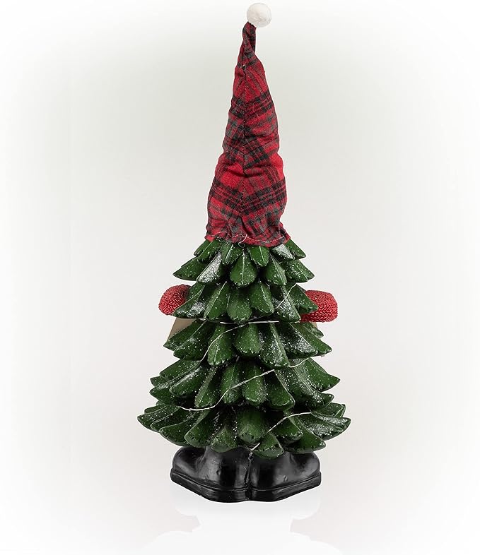 Alpine Corporation 28" H Polyresin Christmas Tree Cheer Gnome Decoration with Color Changing LED Lights, Christmas Decoration