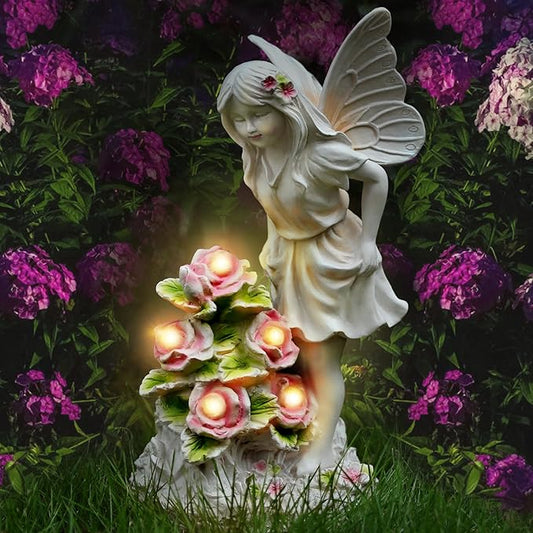 Angel Garden Statue, Guardian Solar Garden Decor with Warm Light, Waterproof Butterfly Angel Figurine with Flowers, Outdoor Garden Decor Sculpture for Lawn Yard Patio Windowsill, White