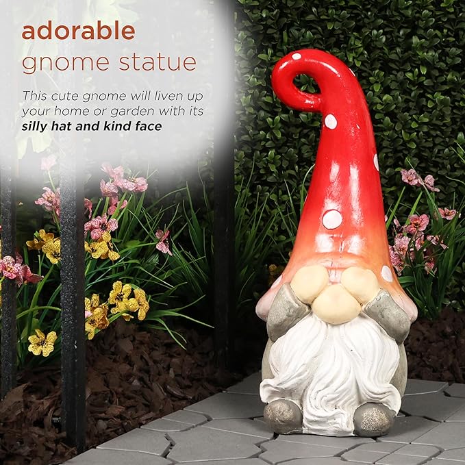 Alpine Corporation 17” Tall Outdoor Garden Gnome Yard Decoration - See No Evil Statue - Gnome with Red Polka Dot Hat – Durable, Weatherproof Decor for Patio & Deck