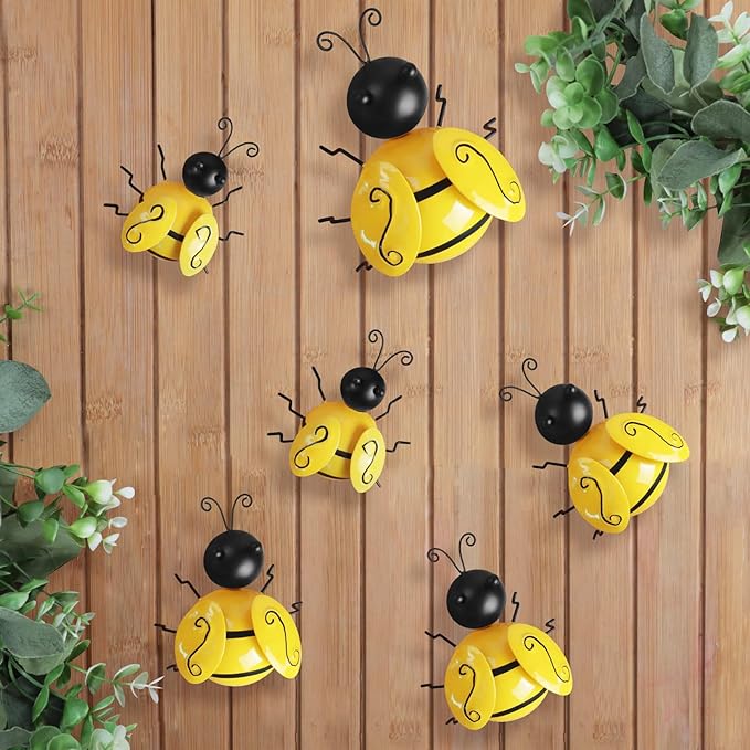 Metal Outdoor Wall Art Decor, 6 PCS Bumble Bee Decor, Fence Decorations, Outdoor Metal Garden Decor, Wall Art for Yard Art, Home