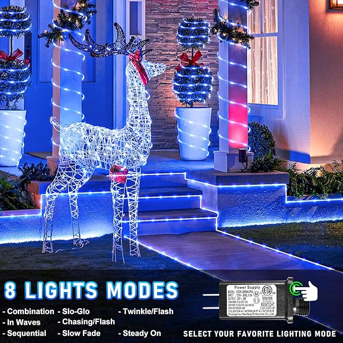 66FT 200 LED Rope Lights for Outside, Christmas String Lights with Waterproof 8 Modes, Flexible and Connectable Plug in Fairy Lights for Outdoor Indoor Bedroom Patio Party Wedding Decorations, Blue