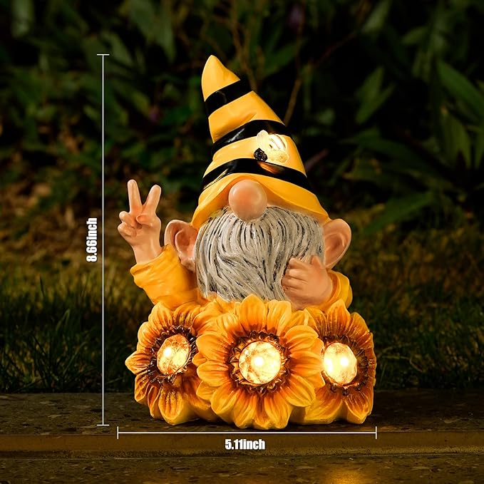 Garden Gnome Sculptures & Statues Resin Summer Bee Gnome with Sunflower, Outdoor Funny Gnome Decoration Solar Light Gnome Gifts for Yard, Patio Decor for Mom