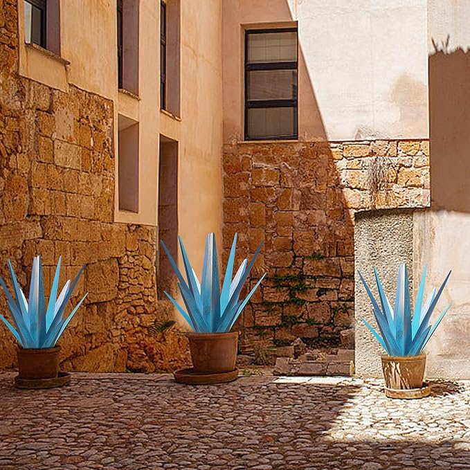 Enlarge Metal Plants Tequila Rustic Sculpture, Outdoor Patio Yard, Home Decor Hand Painted Agave Garden Statue, Outdoor Lawn Ornaments Yard Stakes for Mom Gift (1 Large Blue)