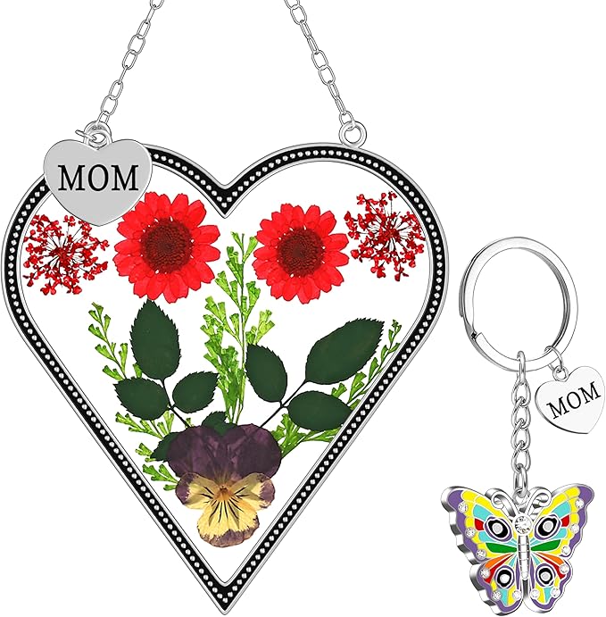 KY&BOSAM Heart Suncatcher Mom Gifts Glass Butterfly Suncatchers for Window Hanging with Pressed Flower Between Heart in Glass and Metal Charm Gifts for Mom Mother's Day Valentine's Birthday Christmas