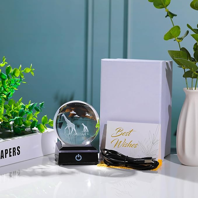 Giraffe Gifts for Women Men 3D Crystal Ball 3.14'' - Laser Giraffe Decor Glass Animals Figurines Statue Stuff for Room Night Light Giraffe Gifts for Mom