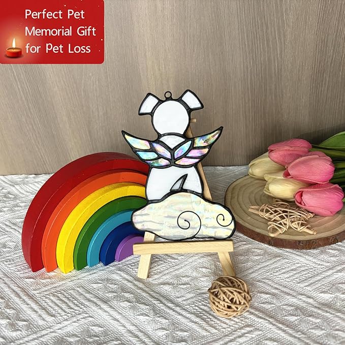Stained Glass Angel Wings Dog Memorial Gifts for Loss of Dog Sympathy Gift Suncatcher, Rainbow Bridge Pet Passing Away Remembrance in Memory, Dog Bereavement Gifts for Loss of Pet,White