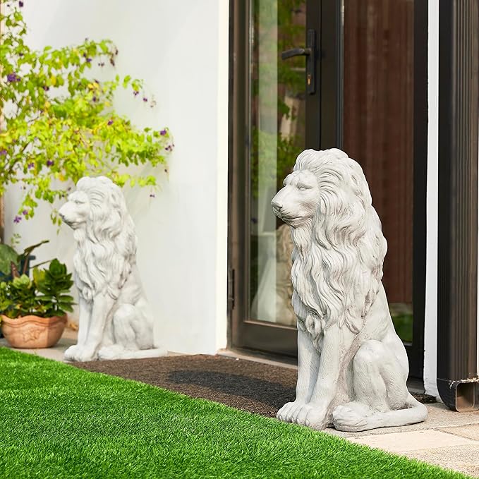 Glitzhome Guardian Sitting Lion Garden Statue MGO Outdoor Decoration, 27.75" H, White