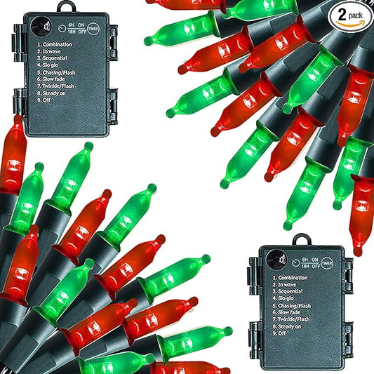 Dazzle Bright Battery Operated Christmas Lights, 2 Pack Total 32FT 100LED Clear Mini String Lights Waterproof with 8 Modes for Xmas Indoor Outdoor Yard Holiday Wedding Decorations (Red and Green)