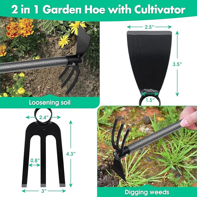 Garden Hoe and Cultivator, 31 Inch Long Heavy Duty Hand Hoe Garden Tool with Tiller,2 Section Handle, Carbon Steel Blade, Cultivator Hoe Garden Tools for Loosening Soil, Weeding Garden Tools