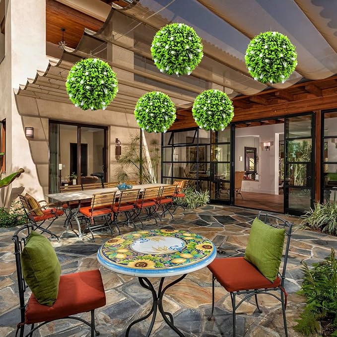 Sunnyglade 2 PCS 15 inch Artificial Plant Topiary Ball Faux Boxwood Decorative Balls for Backyard, Balcony,Garden, Wedding and Home Décor (White)