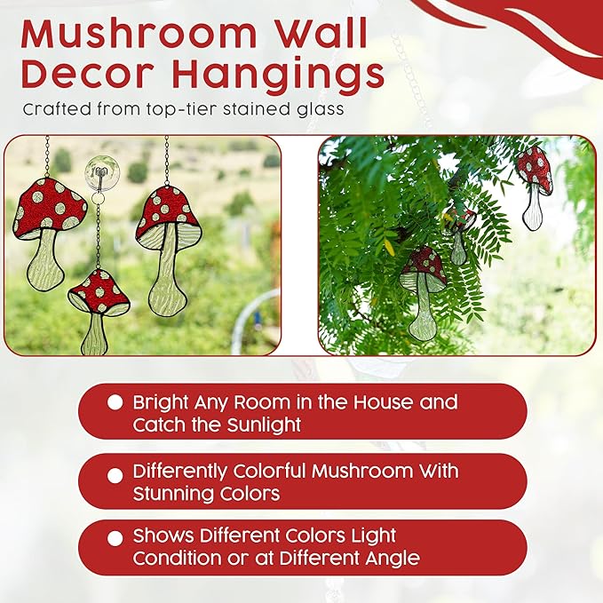 SENSORY4U Fly Agaric Hand-Painted Mushroom Stained Glass Suncatcher 3-Pack - Moon and Toadstool Window Hanging Ornaments - Nature-Inspired Home Décor for Plant and Mushroom Lovers