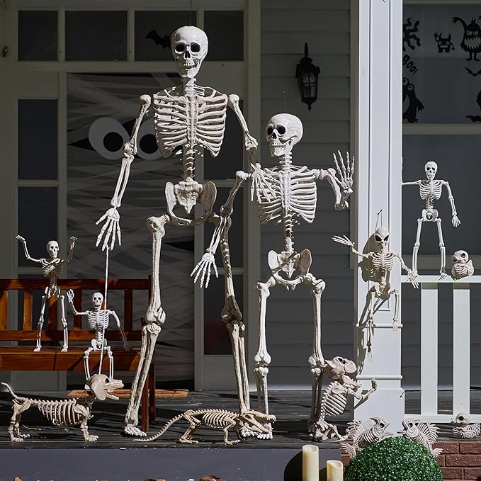 JOYIN 6.9 FT Halloween Skeleton Posable Plastic Full Body Realistic Human Bones with Movable Joints for Indoor Outdoor Halloween Props Spooky Scene Party Decorations（Yellow,No Screwdriver）