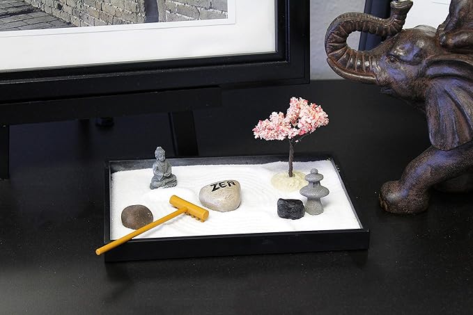 Nature's Mark Mini Zen Garden Kit for Desk with Rake, White Sand, Buddha, Lantern, Black Rectangle Base, River Rocks and Mini Blossom Tree (8Lx5W C)
