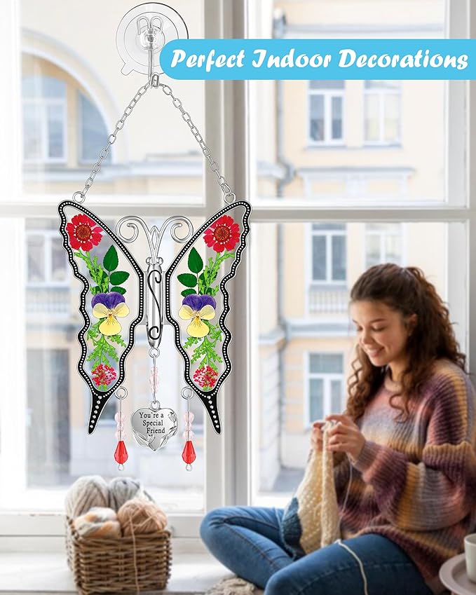 KY&BOSAM Butterfly Suncatcher You`re a Special Friend Gift Glass Suncatchers for Window Hanging Wind Chime Ornament with Pressed Real Flower and Heart Charm Birthday Gift for Mother`s Day Valentine`s