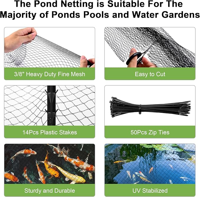 Pond Netting, Pond Netting for Koi Ponds 15 x 20 FT Pond Net, Heavy Duty Woven Fine Mesh Pond Garden Pool Netting Kit for Leaves to Catch Leaves and Debris, Protects Koi Fish from Birds Cats Predators