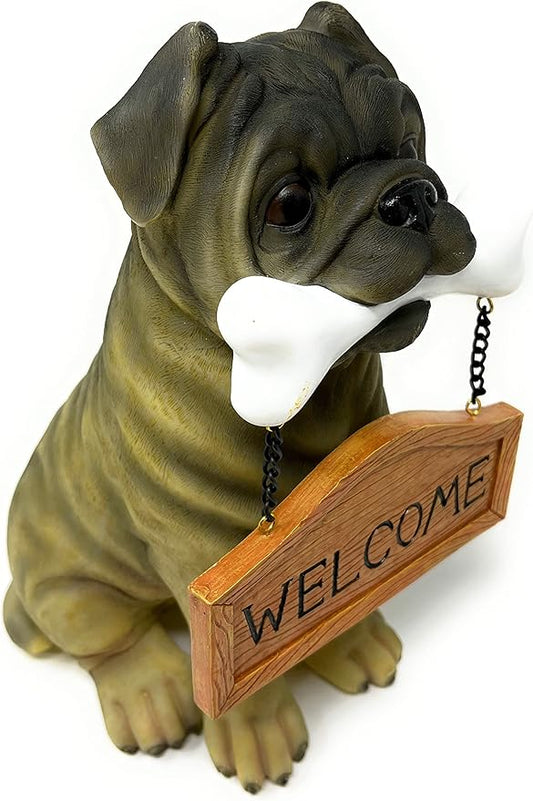 Nature's Mark Pug Dog Puppy Statue with Reversible Welcome Sign and Go Away Sign Resin Garden Decor 12" H