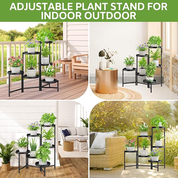 iDavosic.ly 6 Tier Large Plant Stand Indoor with 10 Inch Wide Tray, Tiered Corner Metal Outdoor Flower Display Holder Shelf, Folding Tall Rack for Patio Porch Living Room, Modern Black