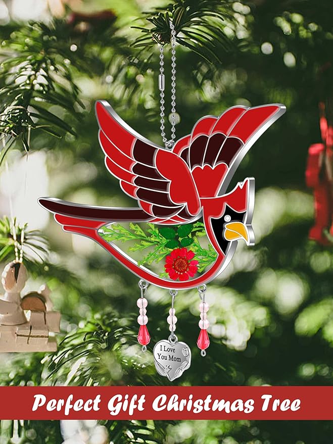 KY&BOSAM Cardinal Suncatcher I Love You Mom Glass Hangings for Windows Wind Chime Ornament with Hand Painted Real Flower and Metal Heart Charm Birthday Gifts for Women Mom Mother's Day