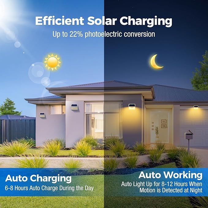 Peasur White Frame Solar Motion Sensor Lights Outdoor - 2 Packs, 180LED Warm Solar Wall Lights, Waterproof, 3 Modes Fence Security Lighting for Deck, Yard, Stairs, Garden