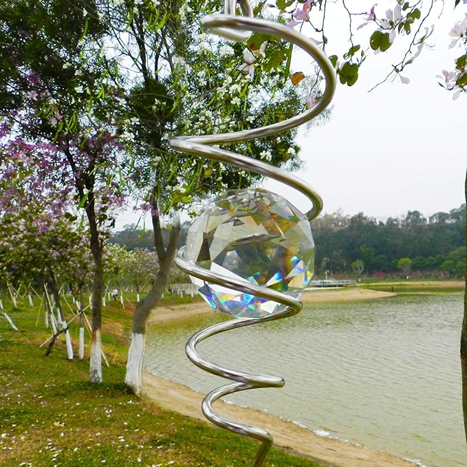 FONMY Gazing Ball Spiral Tail -Decorative Wind Spinner Sun Catcher 11 inch Tail and 2 inch Clear Crystal Orb. Indoor Outdoor Garden Decoration -13 inch Height