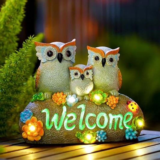 Nacome Solar Owl Statues for Garden Decor: Welcome Sign Outside Lawn for Patio/Balcony/Yard Art/Lawn Ornament House Warming Gifts for Mom/Women