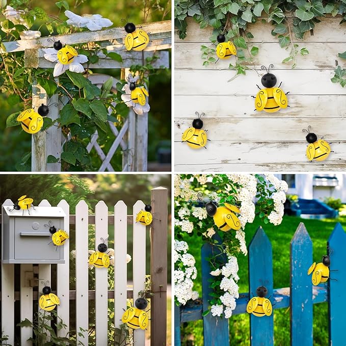 Metal Outdoor Wall Art Decor, 6 PCS Bumble Bee Decor, Fence Decorations, Outdoor Metal Garden Decor, Wall Art for Yard Art, Home