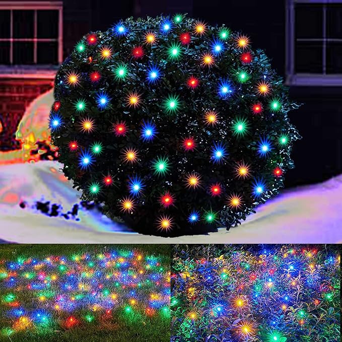 LED Christmas Net Lights Outdoor Christmas Decorations for Bushes,100LED 5ftx5ft Connectable Green Wire Net Christmas Lights for Outdoor indoor Yard Mesh Shrub Tree Decor ,UL Certified(Multicolor)