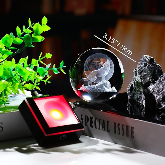 Qianwei Wolf Gifts: 3D Crystal Ball - 3.14'' Laser Decor Glass Animals Figurines Statue & Night Light