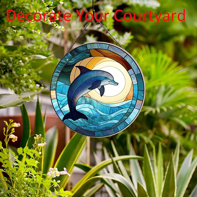 Dolphin Pattern Suncatcher Stained Glass,Hanging Stained Glass for Windows,20cm/7.87inch Hand-Painted Sun Catcher Garden Hangings Painted Glass Panel Decor Themed Gift