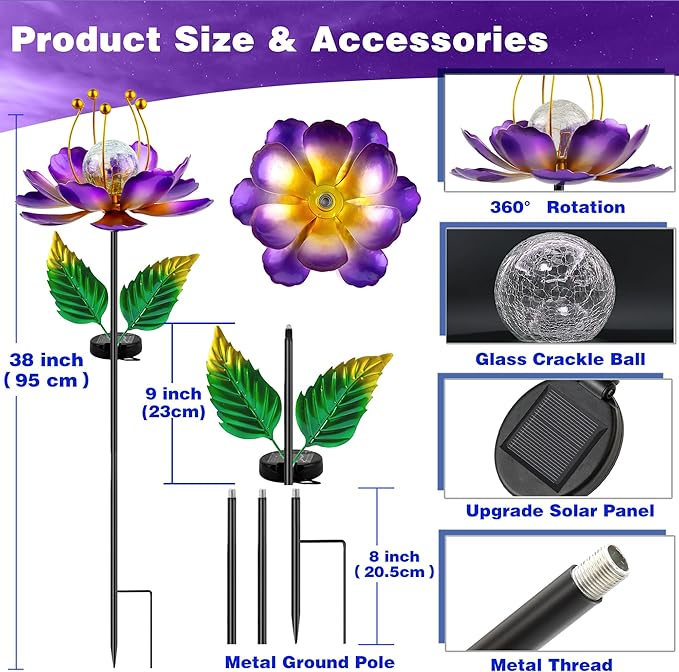 Solar Wind Spinner, 38 Inch Metal Stake Yard Spinners,Solar Powered Multi-Color LED Glass Ball with Kinetic Wind Sculpture Spinner Windmills for Yard