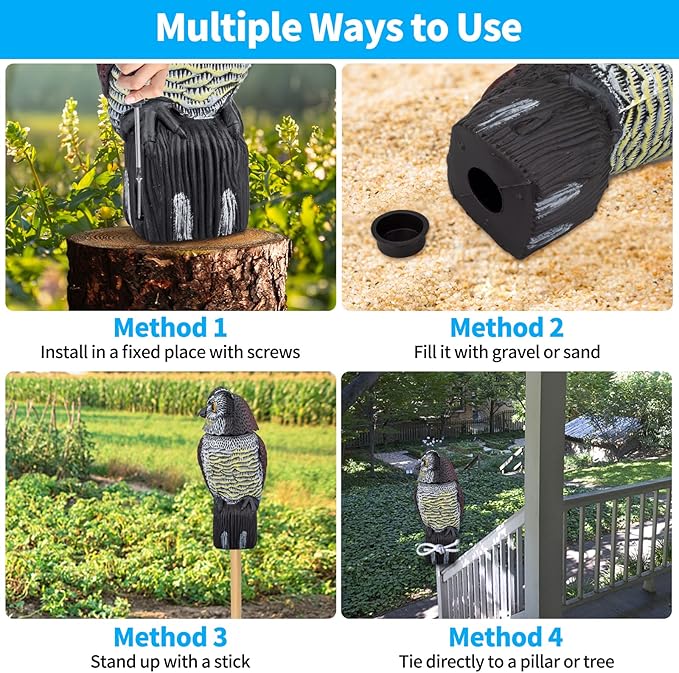 Owl Decoys to Scare Birds & Squirrels Away, 360 Rotating Head, Plastic Garden Owls for Indoor/Outdoor Use