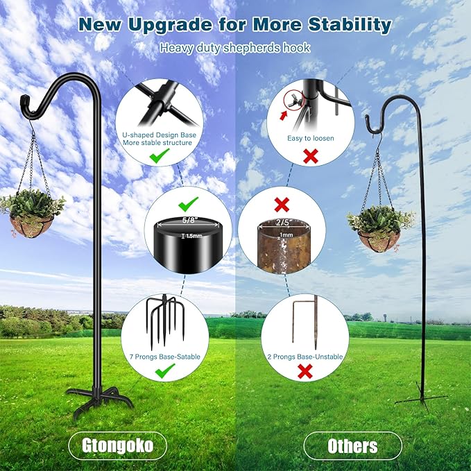 Gtongoko Shepherds Hook for Outdoor, 76 Inch Bird Feeder Pole with 7 Prongs Base, 5/8 Inch Thick Heavy Duty Adjustable Garden Hook for Hanging Plant, Hummingbird Feeder, Lantern, 2 Pack
