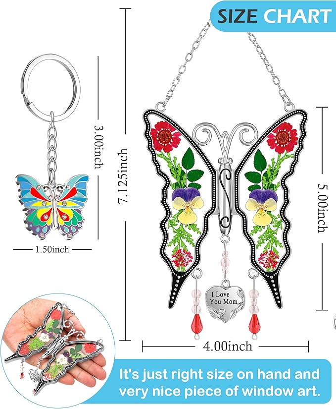 KY&BOSAM I Love You Mom Butterfly Suncatcher for Window Gift for Mom Pressed Flower Between Wings in Glass Metal Engraved Charm Gift for Women Mother's Day Valentine's Birthday Thanksgiving Christmas