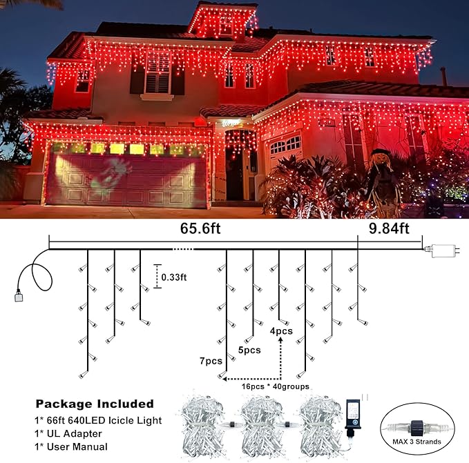 Christmas Icicle Lights Outdoor, 66Ft 640 LED Icicle Lights for Outside with 8 Modes Timers, Waterproof Plug in String Light for House Yard Eave Patio Wedding Party Holiday Decorations, Red