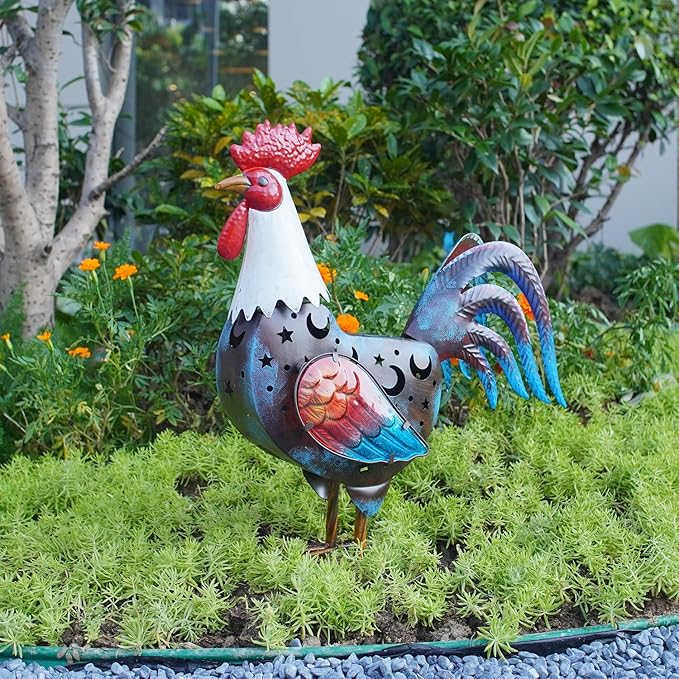 LIFFY Solar Rooster Outdoor Decor,18" Metal Rooster Yard Decor with LED Lights,Chicken Home Decorative Ornaments,Garden Statues for Outside Patio Backyard Landscape Lawn