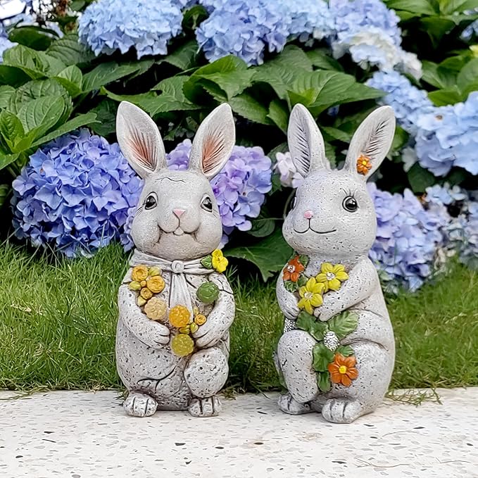 Solar Easter Rabbit Statue - Rock-Like Design with Flower Lamp Beads Woman Gifts Resin Easter Bunny Sculpture for Indoor and Outdoor Statue Decor, Garden Decoration