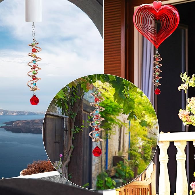 FONMY Gazing Ball Spiral Tail -Decorative Wind Spinner Sun Catcher Rainbow Maker Copper Double-Spiral W/Red Crystal Ball and Chain Crystals Beads for Indoor Outdoor Garden Decoration -14 inch Height