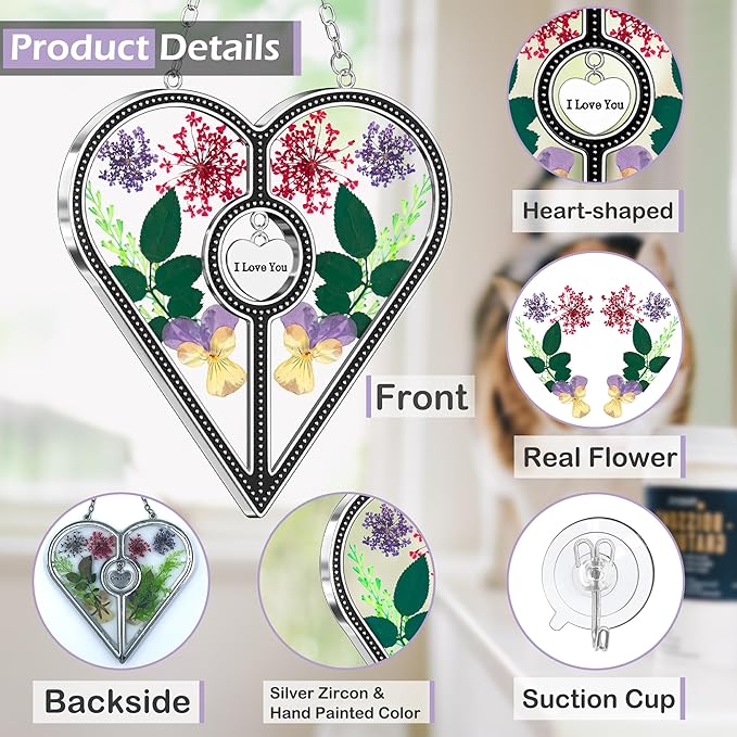KY&BOSAM Heart Suncatcher I Love You Glass Panels for Window Hangings Wind Chime with Pressed Flower Heart Embedded in Glass Mom Gifts Birthday Gifts for Women Mother`s Day Valentine`s Christmas Decor