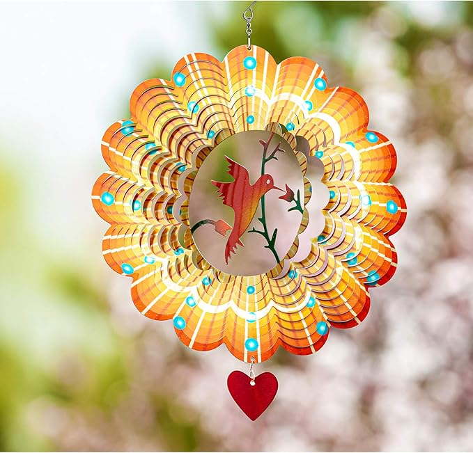 SteadyDoggie Wind Spinner - 12-Inch 3D Stainless Steel Lovebird Design with Heart Pendant - Laser Cut Metal Art Geometric Pattern - Hanging Kinetic Yard Garden Decor