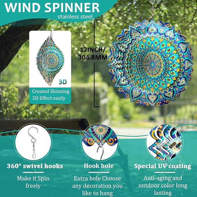 Wind Spinner Mandala Peacock Blue Ocean,Wind Spinner for Yard and Garden,Gifts for Women Mom Grandma Wife Father,12Inch 3D Kinetic Yard Art Decorations Outdoor&Indoor Christmas Decor