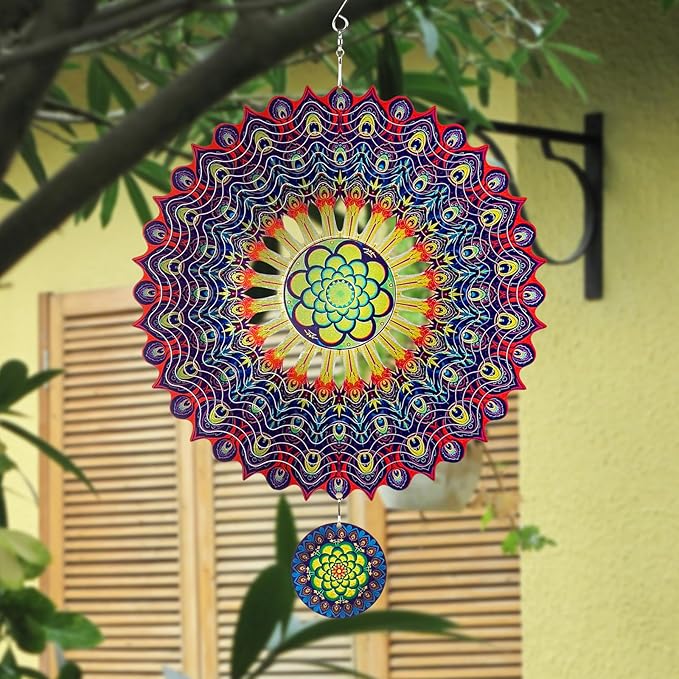 TUOKING Wind Spinners Outdoor Peacock Feathers 3D Metal Hanging Art Wind Sculptures 12 Inch Stainless Steel for Yard and Garden Decoration Worth Gift for Women